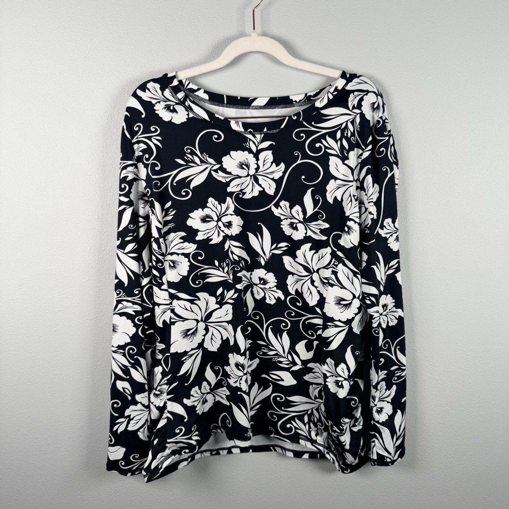 Hang Ten Womens XL Rash Guard Long Sleeve Black White Floral Swim Top UPF 50